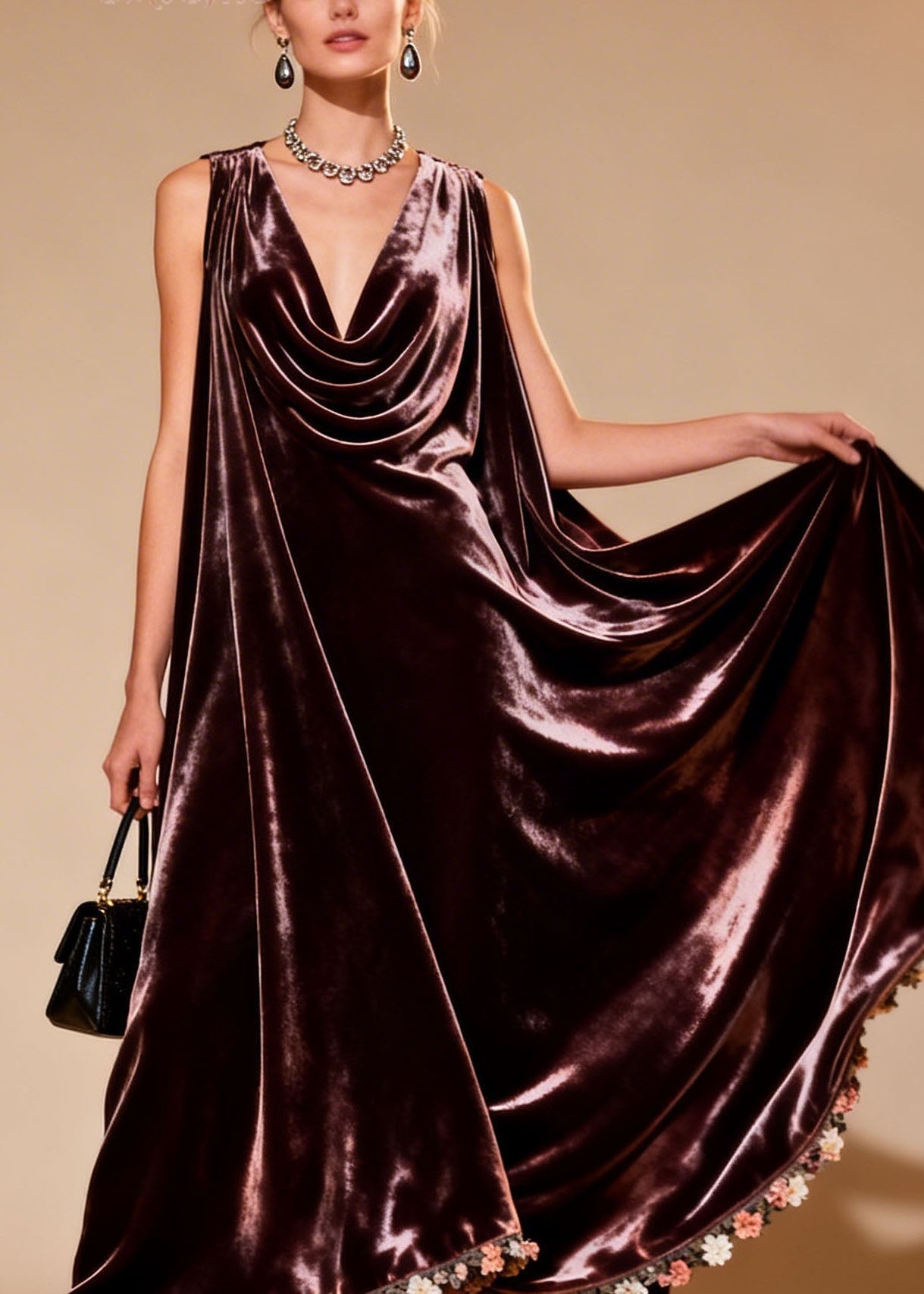 Velvet Cowl Neck Sleeveless Tent Silhouette Floral Applique Hem Maxi Gown
