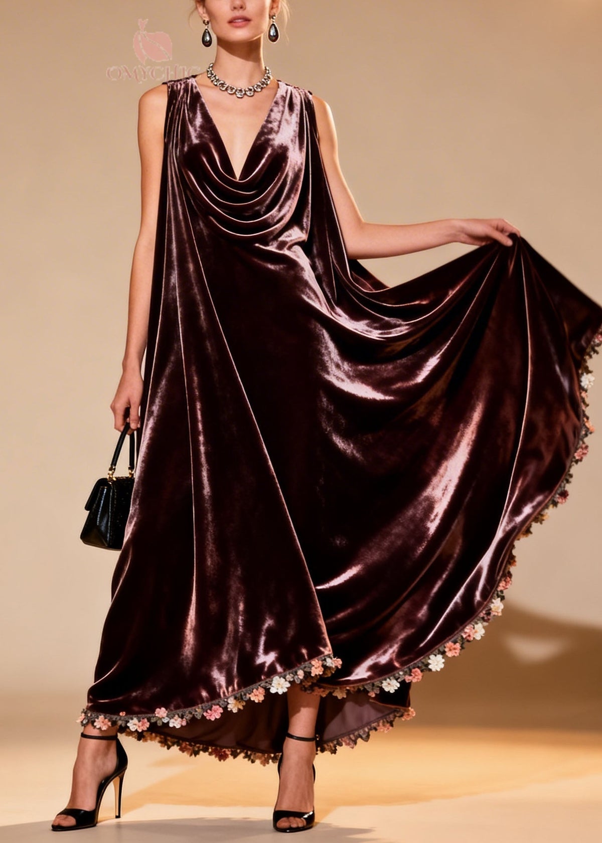 Velvet Cowl Neck Sleeveless Tent Silhouette Floral Maxi Gown - View 5