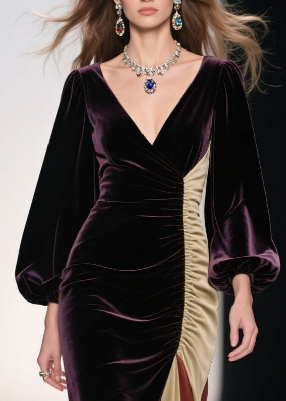 Velvet Wrap V-Neck Bishop Sleeve Ruched Side High Split Maxi Gown