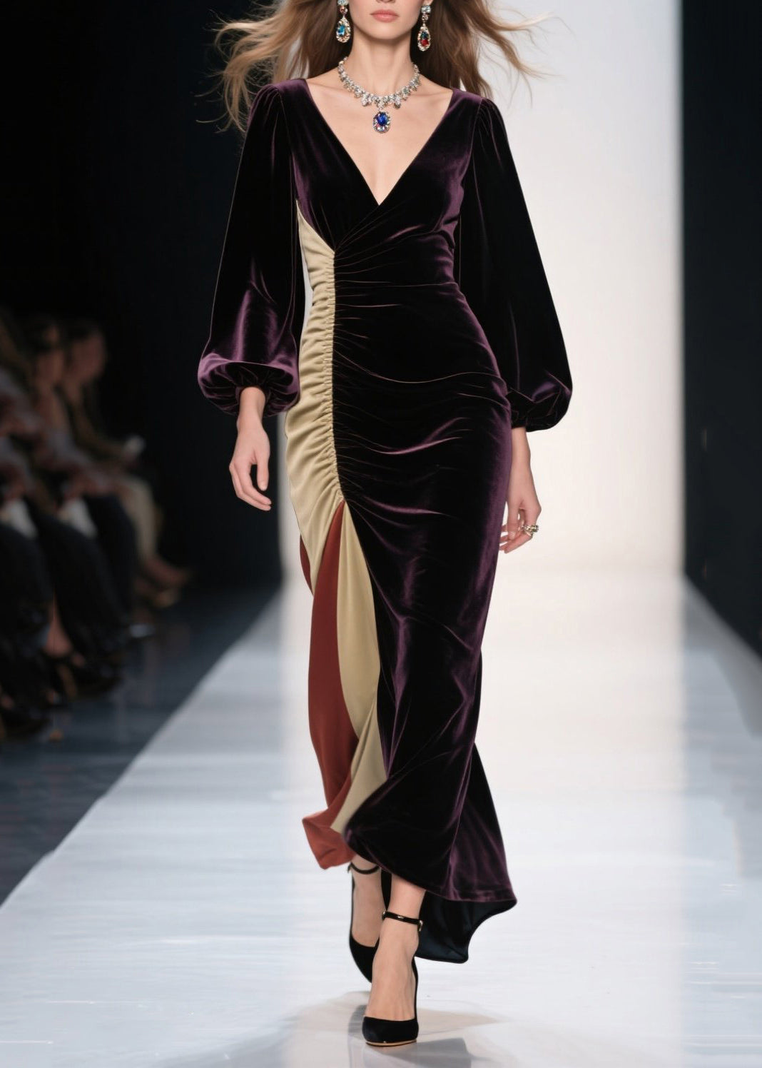 Velvet Wrap V-Neck Bishop Sleeve Ruched Side High Split Maxi Gown