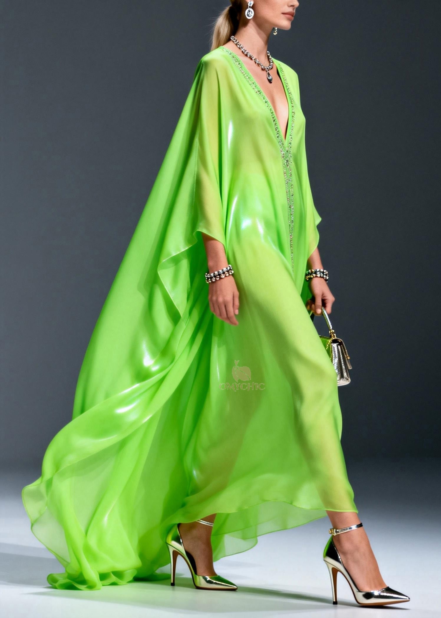 Rhinestone Trim Deep V-Neck Long Cape Sleeve Sheer Train Kaftan Maxi Gown