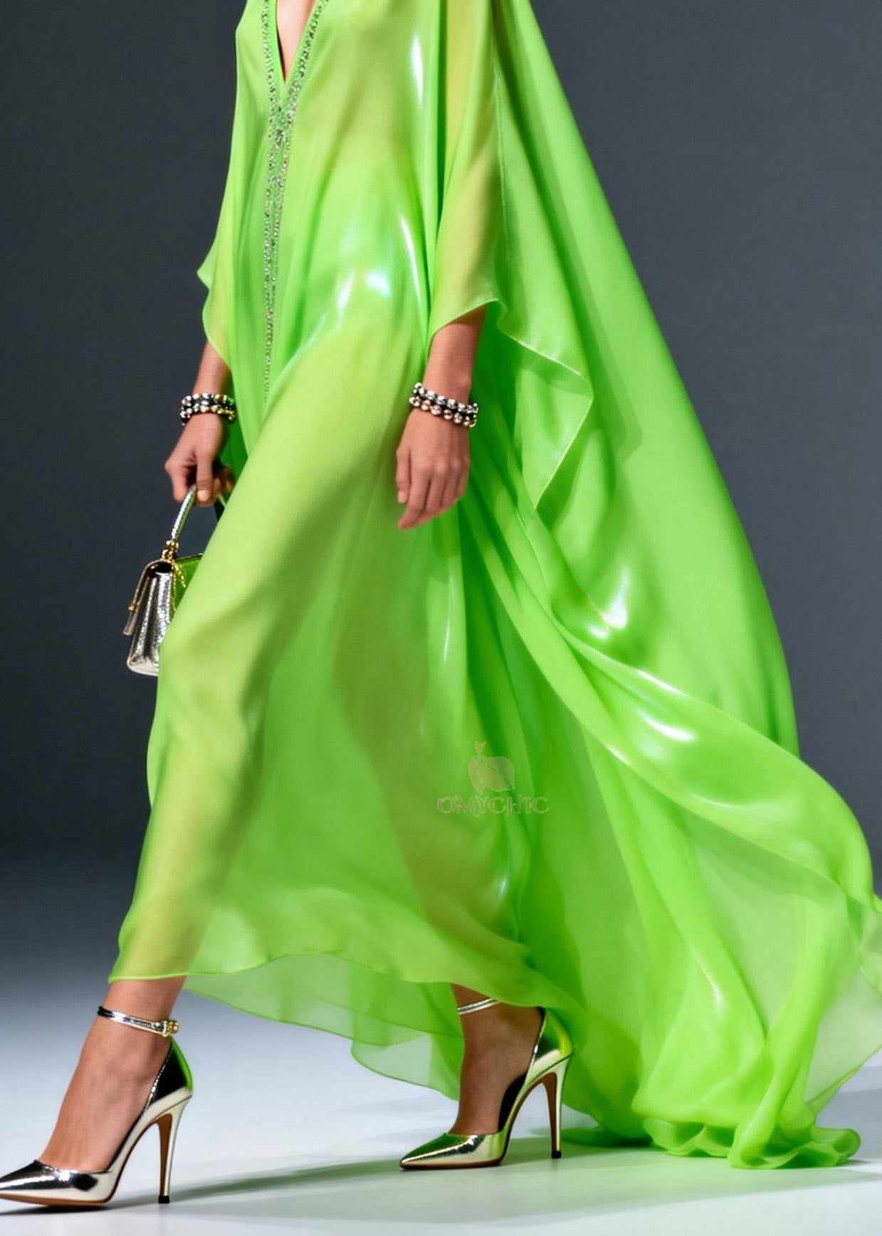 Rhinestone Trim Deep V-Neck Long Cape Sleeve Sheer Train Kaftan Maxi Gown