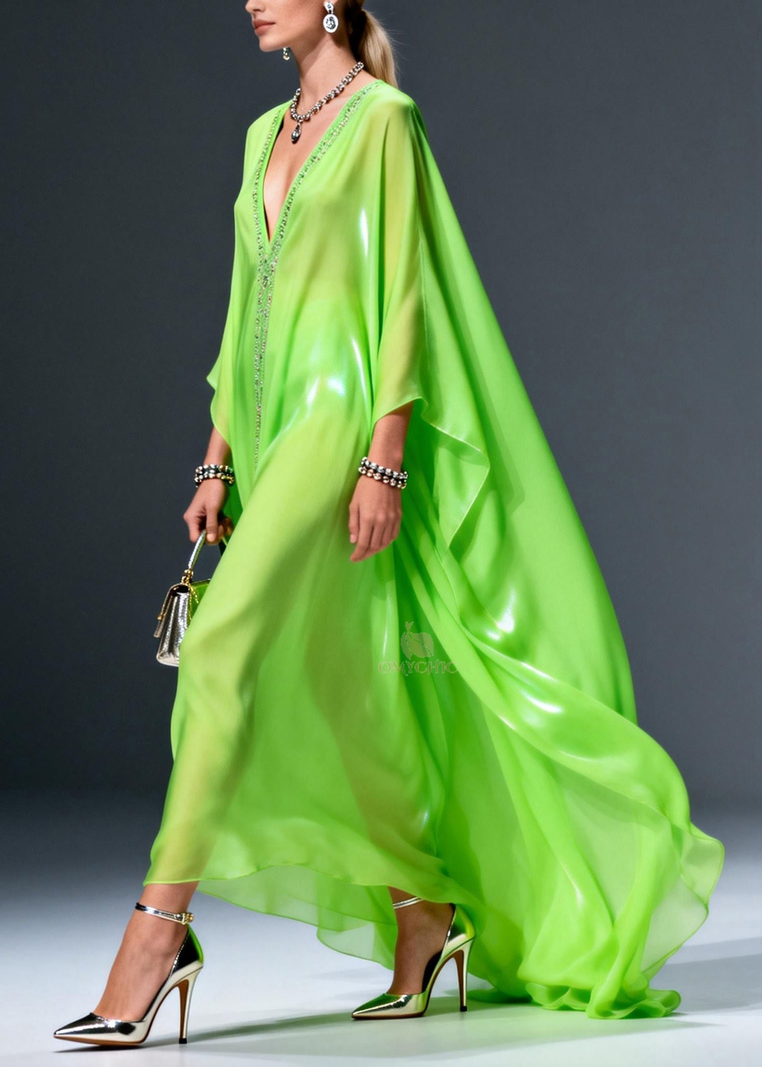 Rhinestone Trim Deep V-Neck Long Cape Sleeve Sheer Train Kaftan Maxi Gown