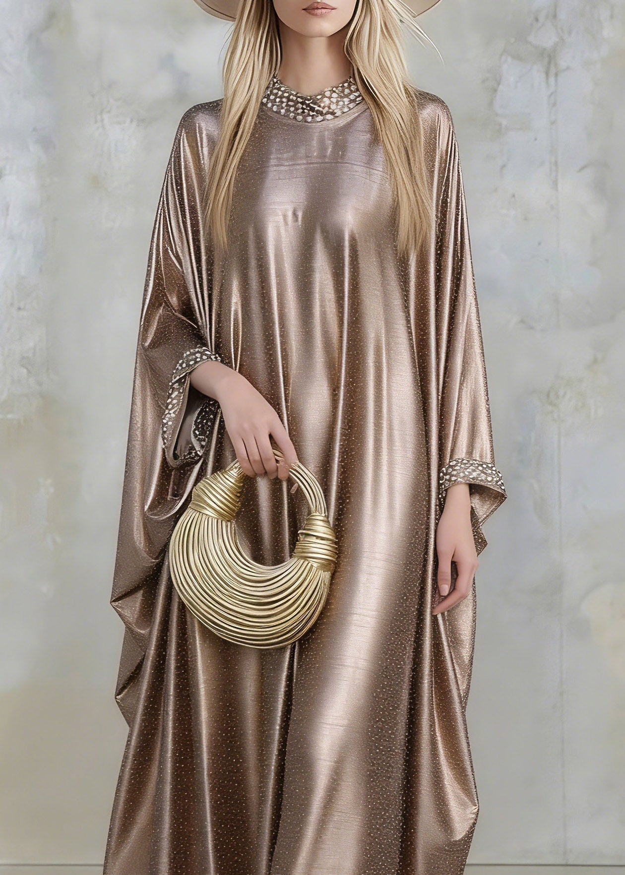 Satin Rhinestone Collar Wide Cuff Flare Sleeve Kaftan Maxi Gown