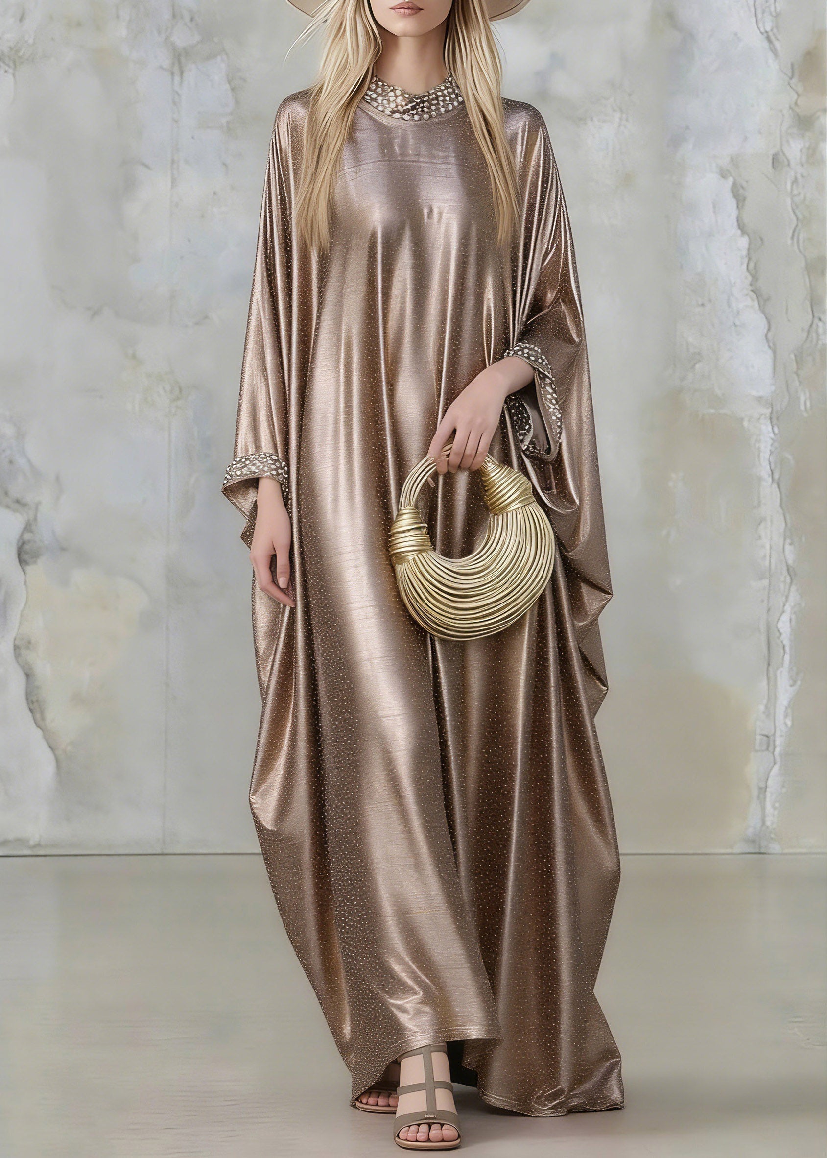Satin Rhinestone Collar Wide Cuff Flare Sleeve Kaftan Maxi Gown