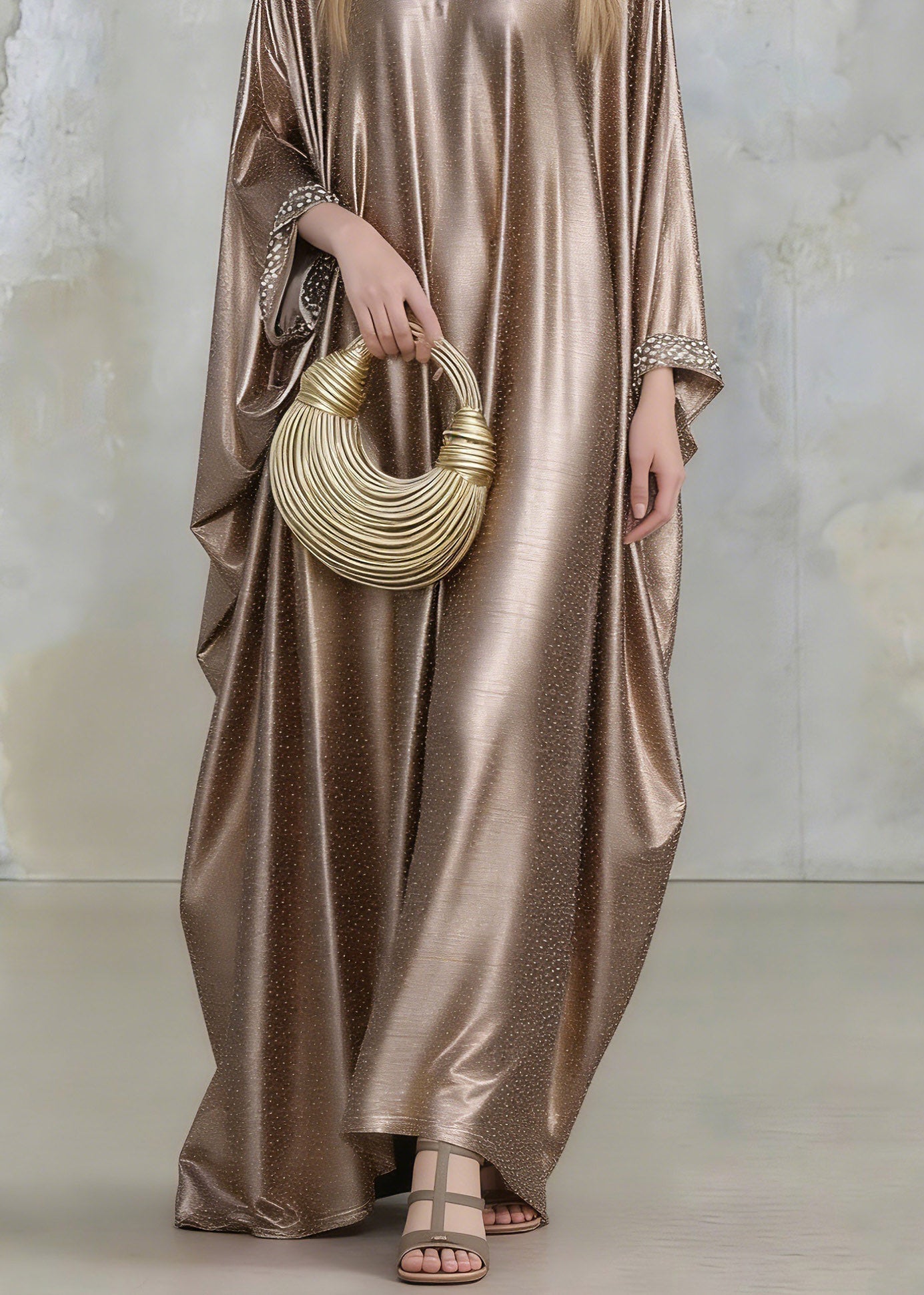 Satin Rhinestone Collar Wide Cuff Flare Sleeve Kaftan Maxi Gown