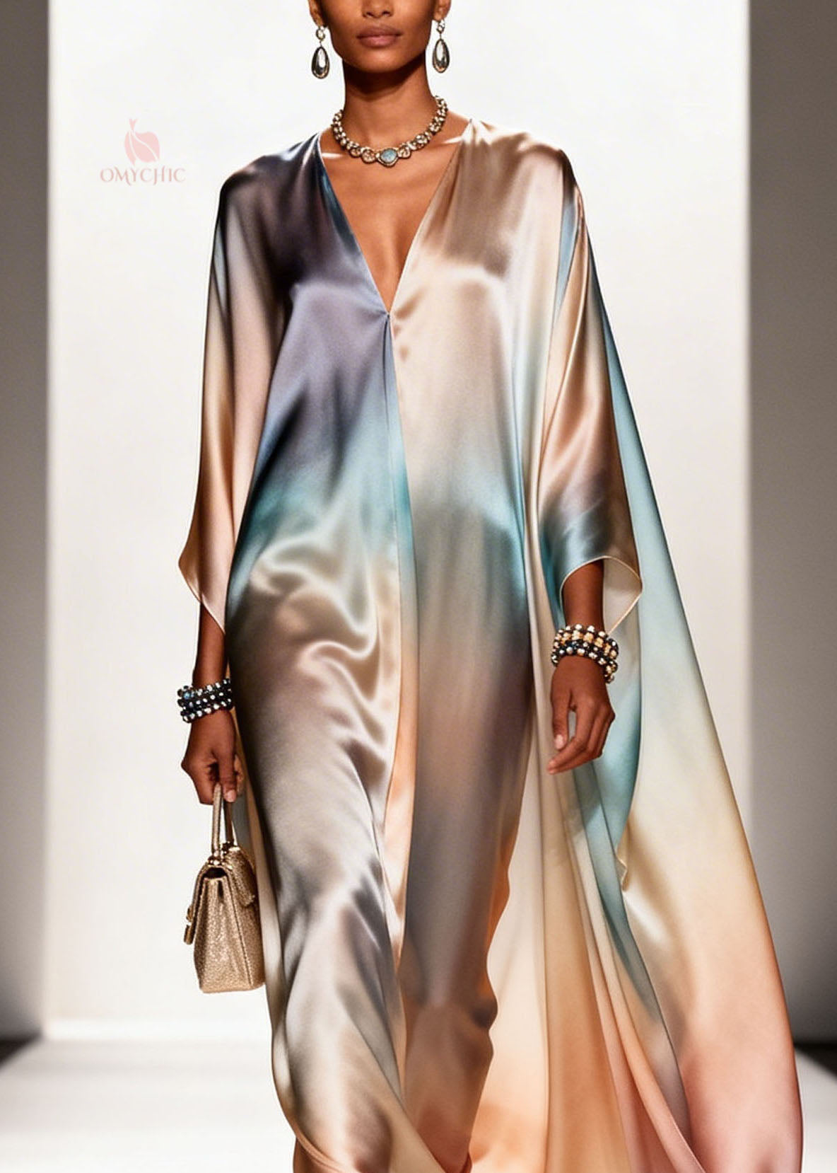 Satin Ombre Gradient Deep V-Neck Floor Length Cape Sleeve Maxi Gown