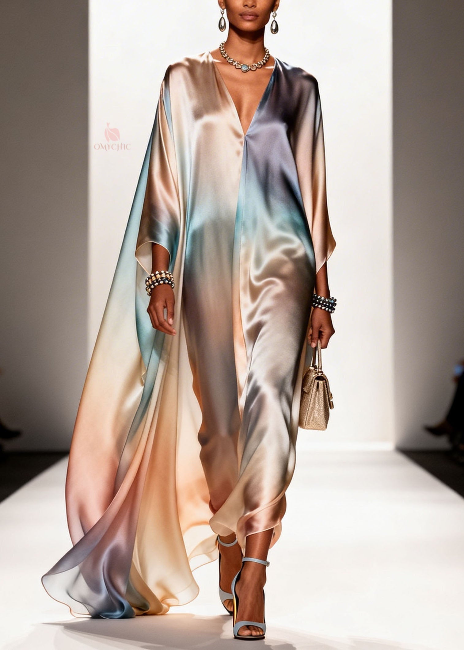 Satin Ombre Gradient Deep V-Neck Floor Length Cape Sleeve Maxi Gown