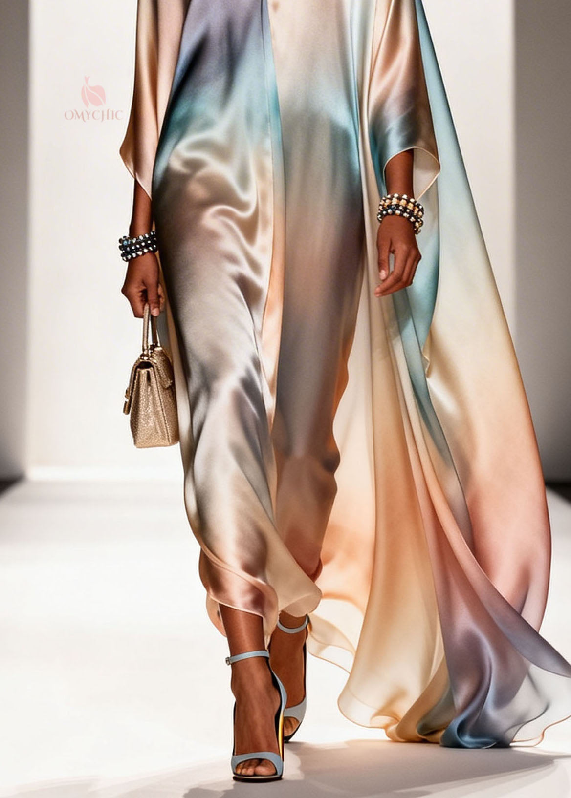Satin Ombre Gradient Deep V-Neck Floor Length Cape Sleeve Maxi Gown