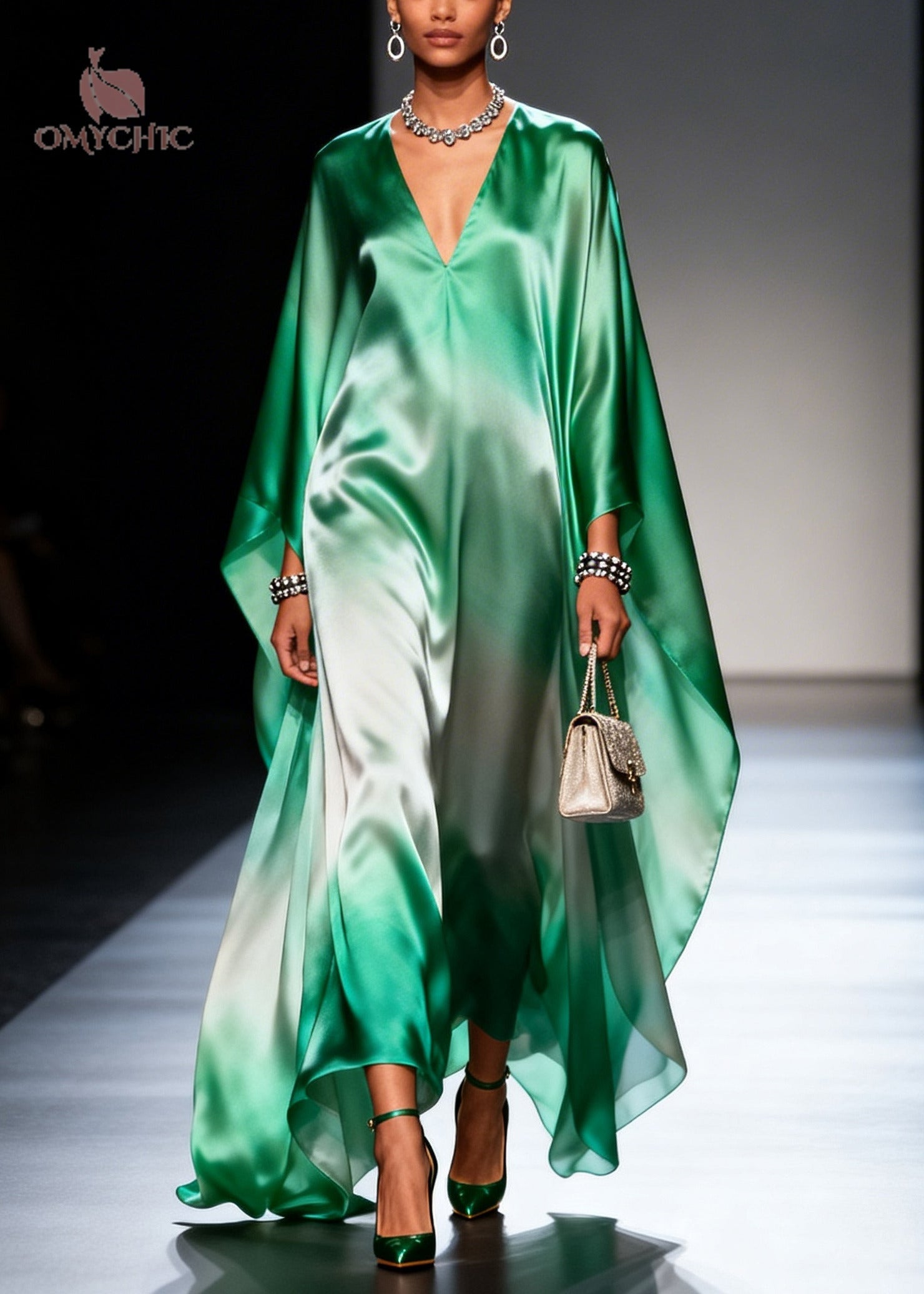 Plus Size Gradient Green Oversized Chiffon Maxi Dress Batwing Sleeve - View 3