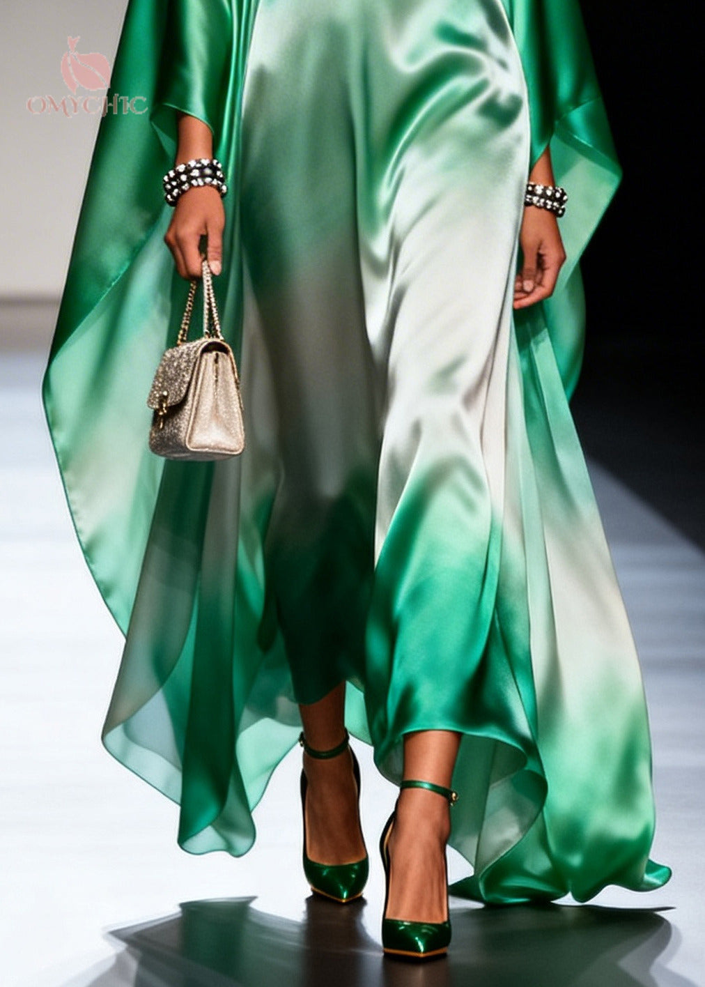Plus Size Gradient Green Oversized Chiffon Maxi Dress Batwing Sleeve - View 4