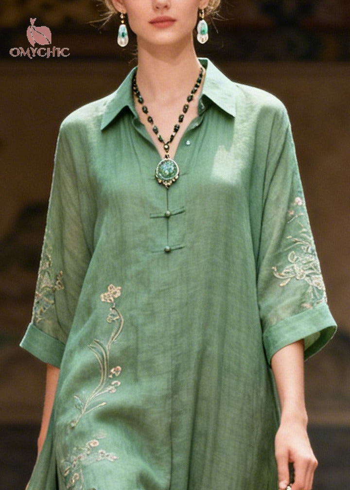 Plus Size Green Embroidered Chinese Button Cotton Maxi Dresses Summer