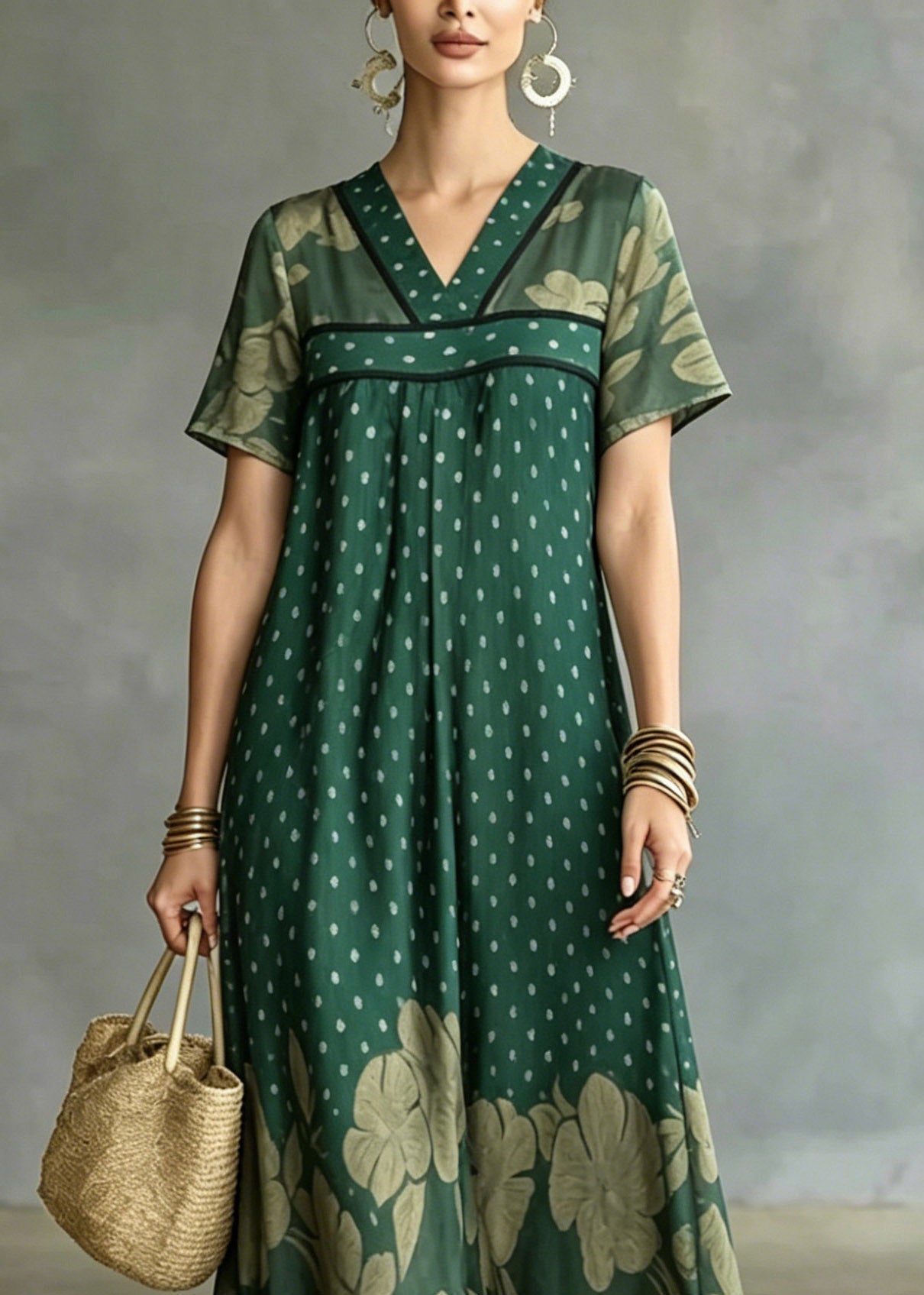Chiffon Polka Dot Floral Print V-Neck Short Sleeve Empire Waist Maxi Dress