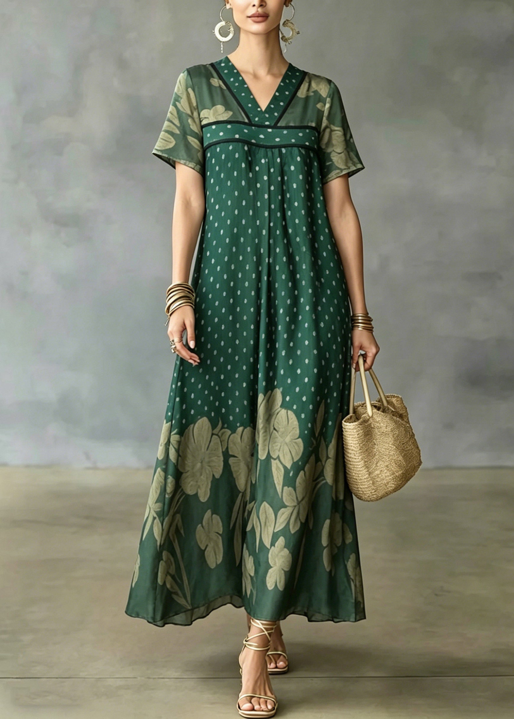 Chiffon Polka Dot Floral Print V-Neck Short Sleeve Empire Waist Maxi Dress