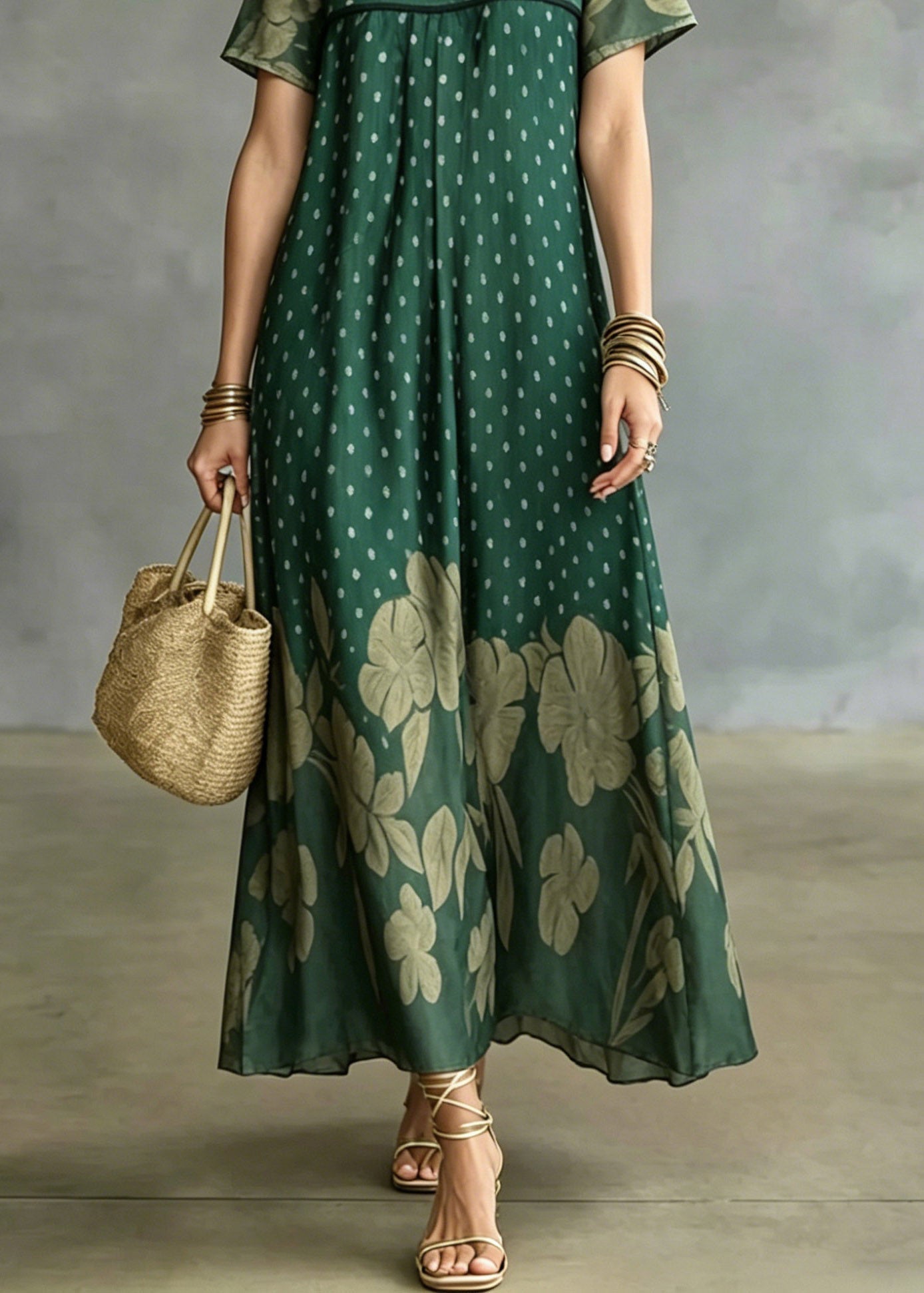 Chiffon Polka Dot Floral Print V-Neck Short Sleeve Empire Waist Maxi Dress