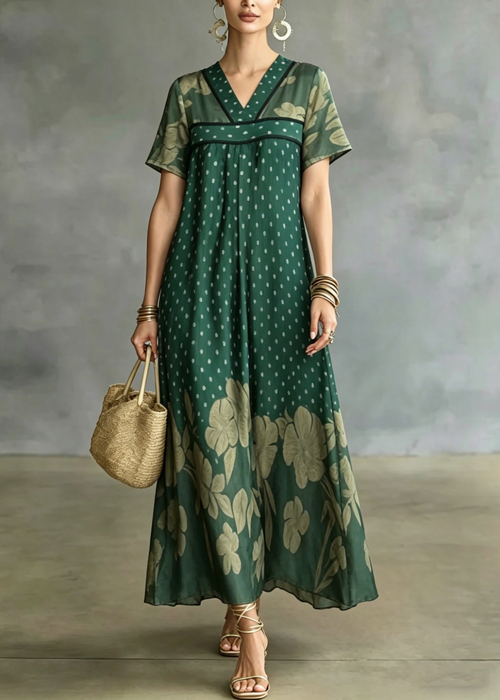 Chiffon Polka Dot Floral Print V-Neck Short Sleeve Empire Waist Maxi Dress