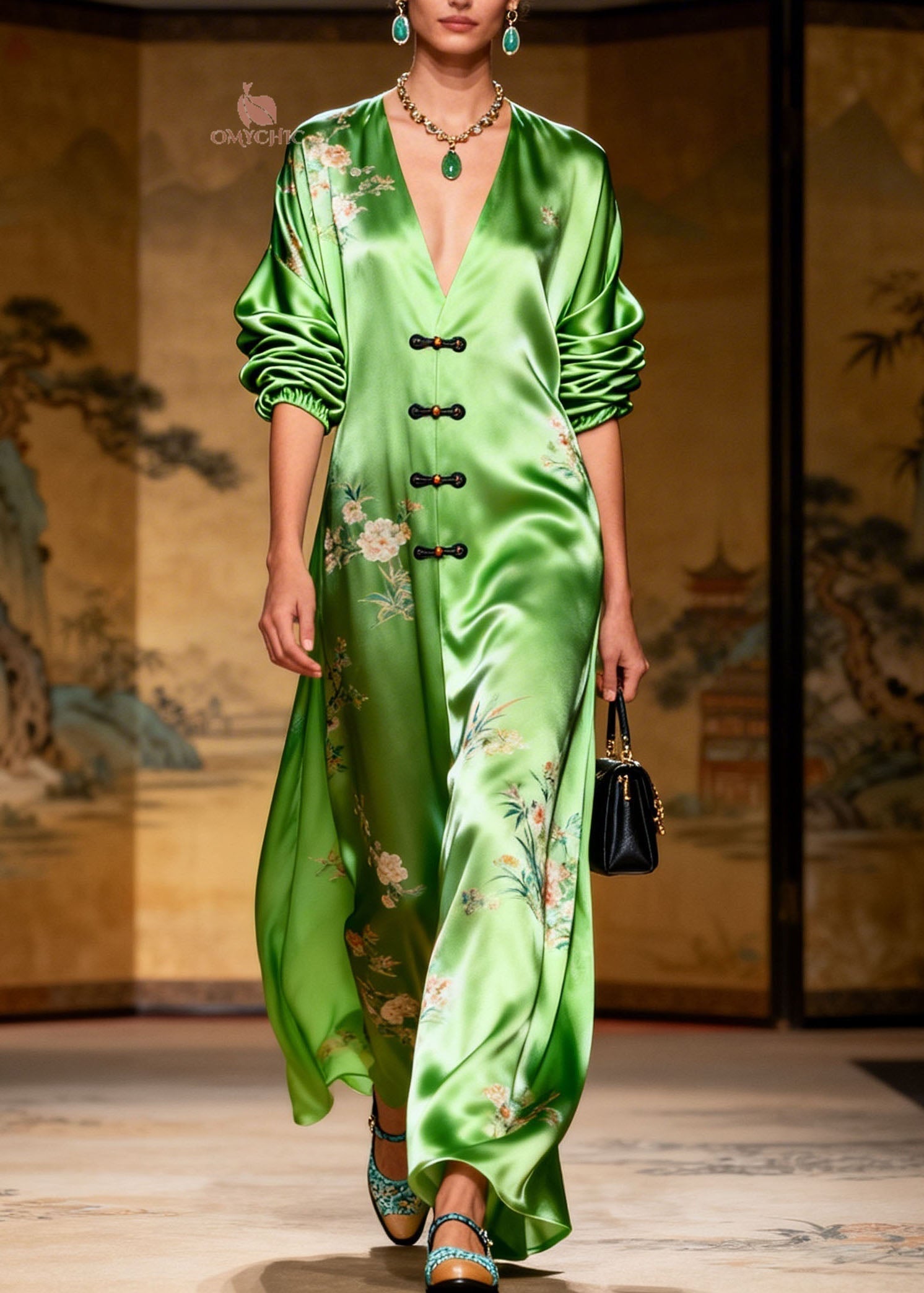 Satin Floral Deep V-Neck Frog Button Bishop Sleeve Maxi Gown
