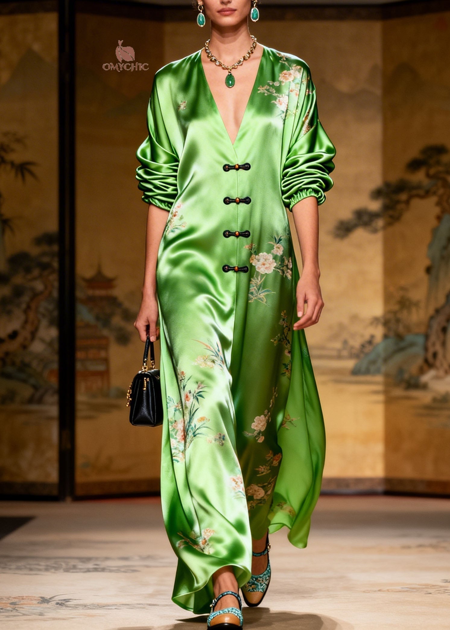 Satin Floral Deep V-Neck Frog Button Bishop Sleeve Maxi Gown