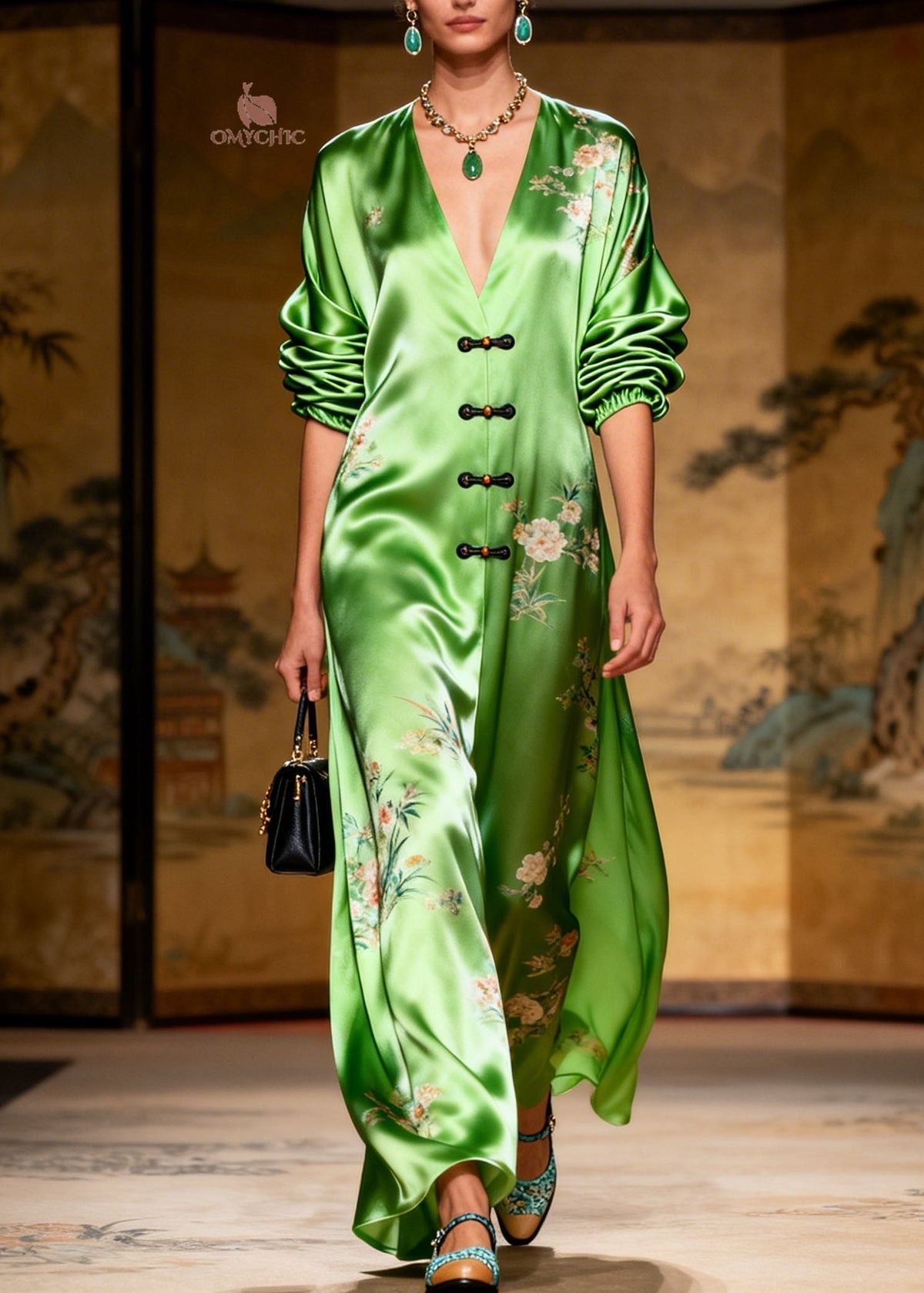 Satin Floral Deep V-Neck Frog Button Bishop Sleeve Maxi Gown - View 5