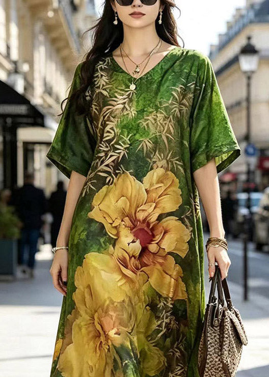 Satin Floral Print V-Neck Kimono Sleeve Relaxed A-Line Maxi Dress
