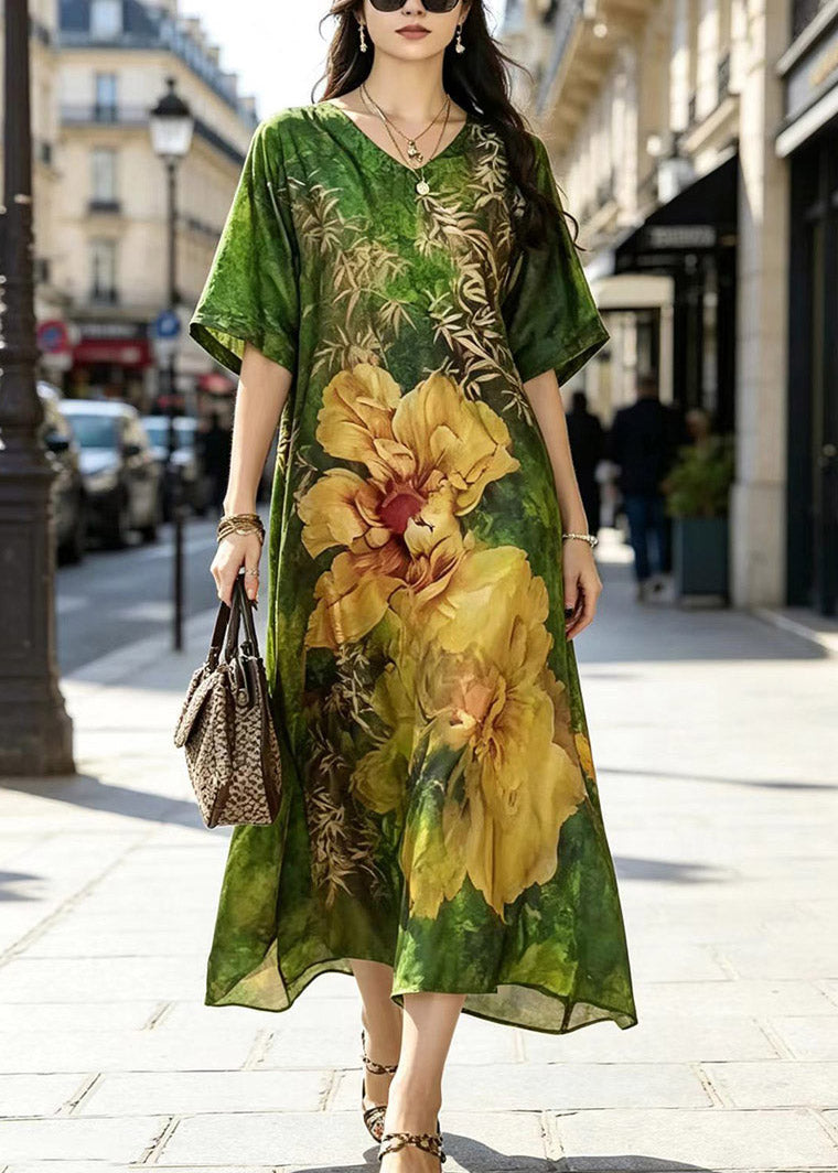 Satin Floral Print V-Neck Kimono Sleeve Relaxed A-Line Maxi Dress
