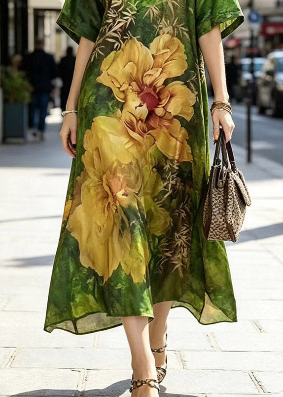 Satin Floral Print V-Neck Kimono Sleeve Relaxed A-Line Maxi Dress
