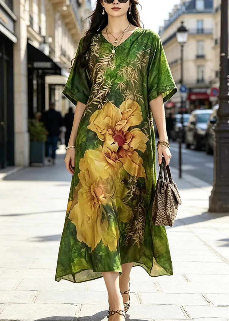 Satin Floral Print V-Neck Kimono Sleeve Relaxed A-Line Maxi Dress - View 5