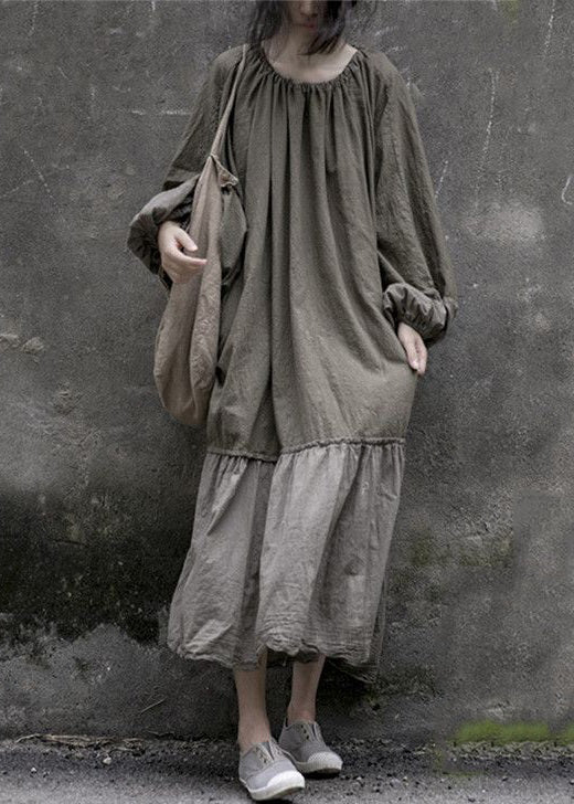 Woven Gathered Neck Drawstring Back Lantern Sleeve Tiered Ruffle Smock Maxi Dress