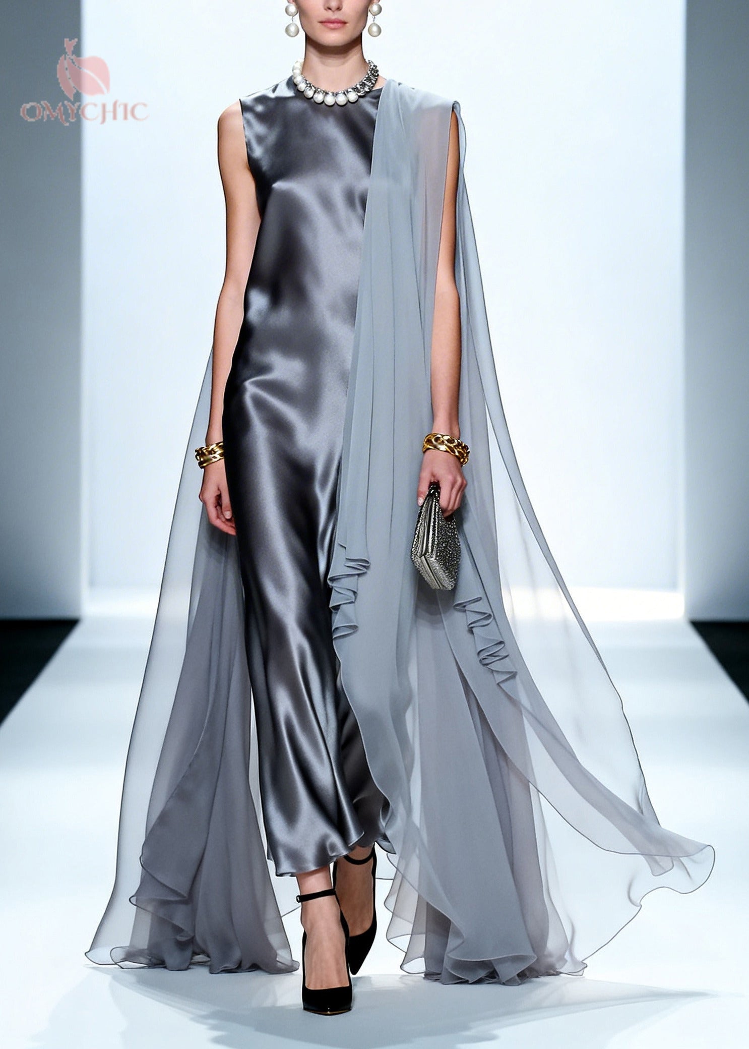 Plus Size Grey Oversized Patchwork Chiffon Maxi Dress Summer - View 3