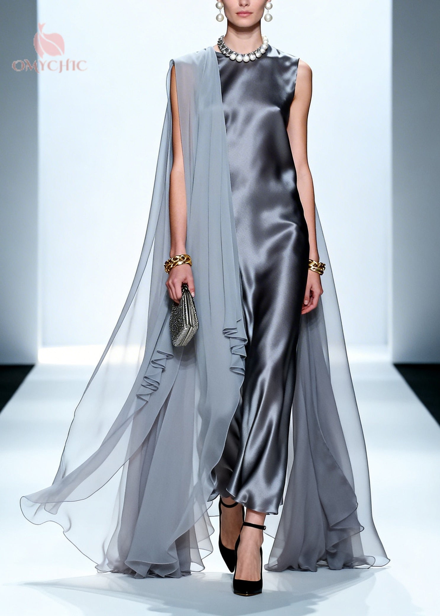 Plus Size Grey Oversized Patchwork Chiffon Maxi Dress Summer - View 5