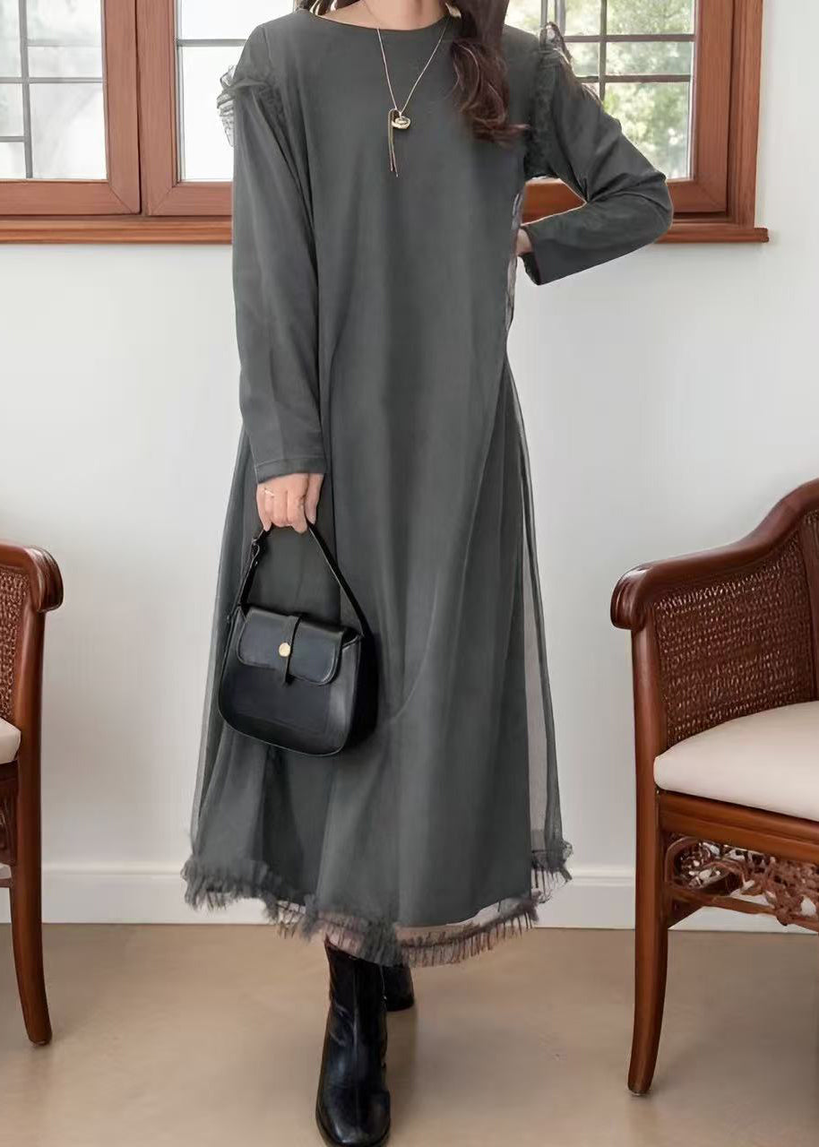 Long Sleeve Round Neck Tulle Overlay Ruffle Hem Midi Dress