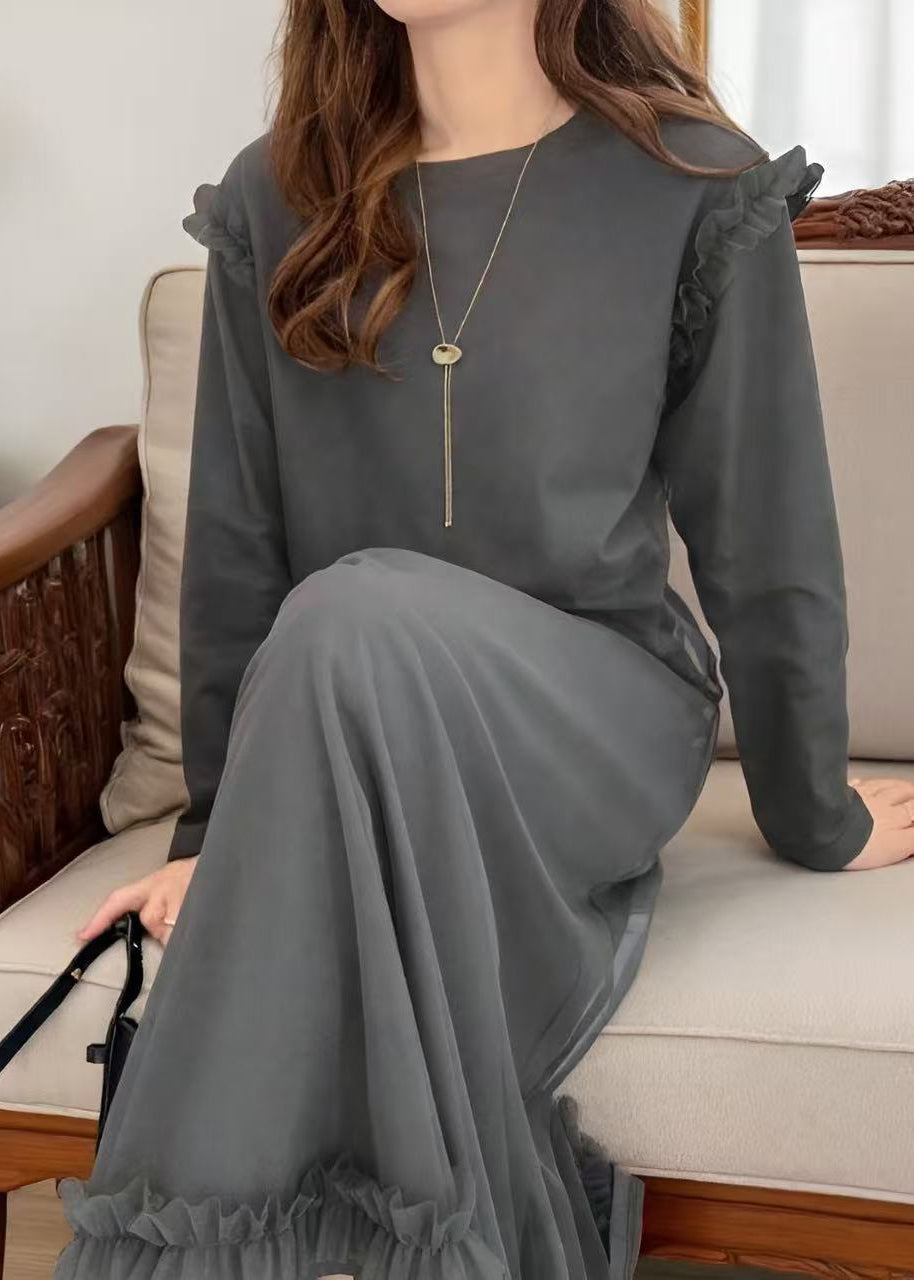 Long Sleeve Round Neck Tulle Overlay Ruffle Hem Midi Dress