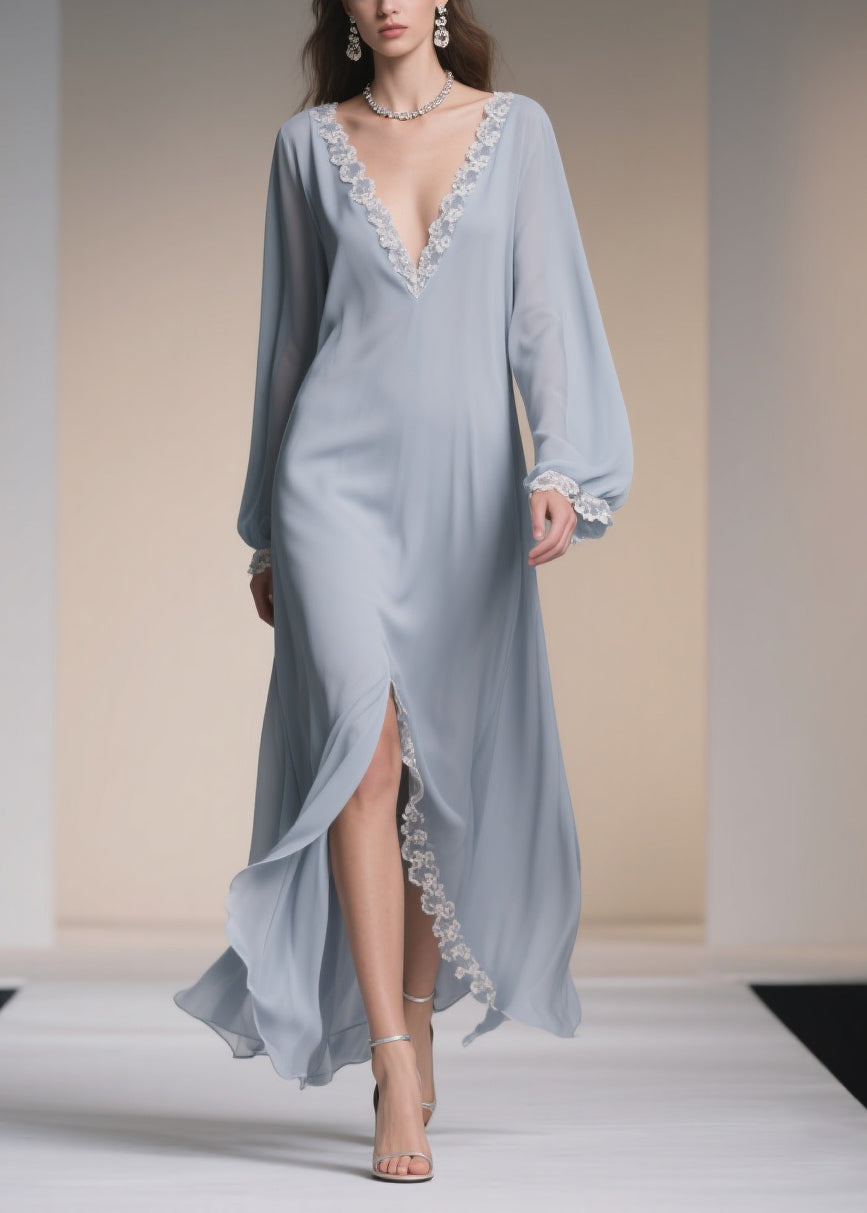 Chiffon Deep V-Neck Lantern Sleeve Lace Trim High Split Maxi Gown