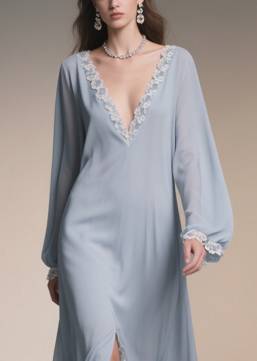 Chiffon Deep V-Neck Lantern Sleeve Lace Trim High Split Maxi Gown