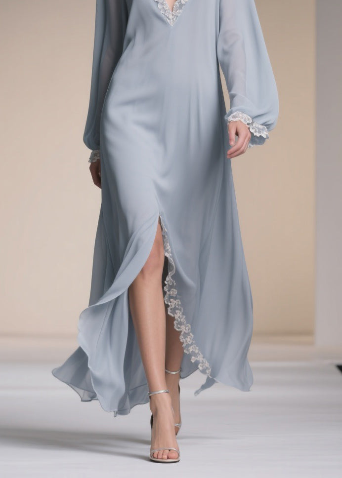 Chiffon Deep V-Neck Lantern Sleeve Lace Trim High Split Maxi Gown