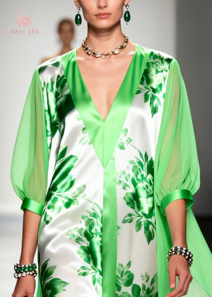 Floral Print Satin Deep V-Neck Sheer Cape Bishop Sleeve Overlay Maxi Gown
