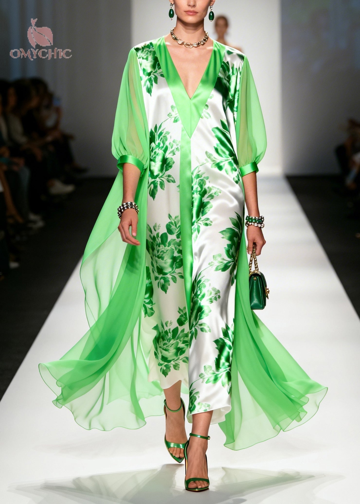 Floral Print Satin Deep V-Neck Sheer Cape Bishop Sleeve Overlay Maxi Gown