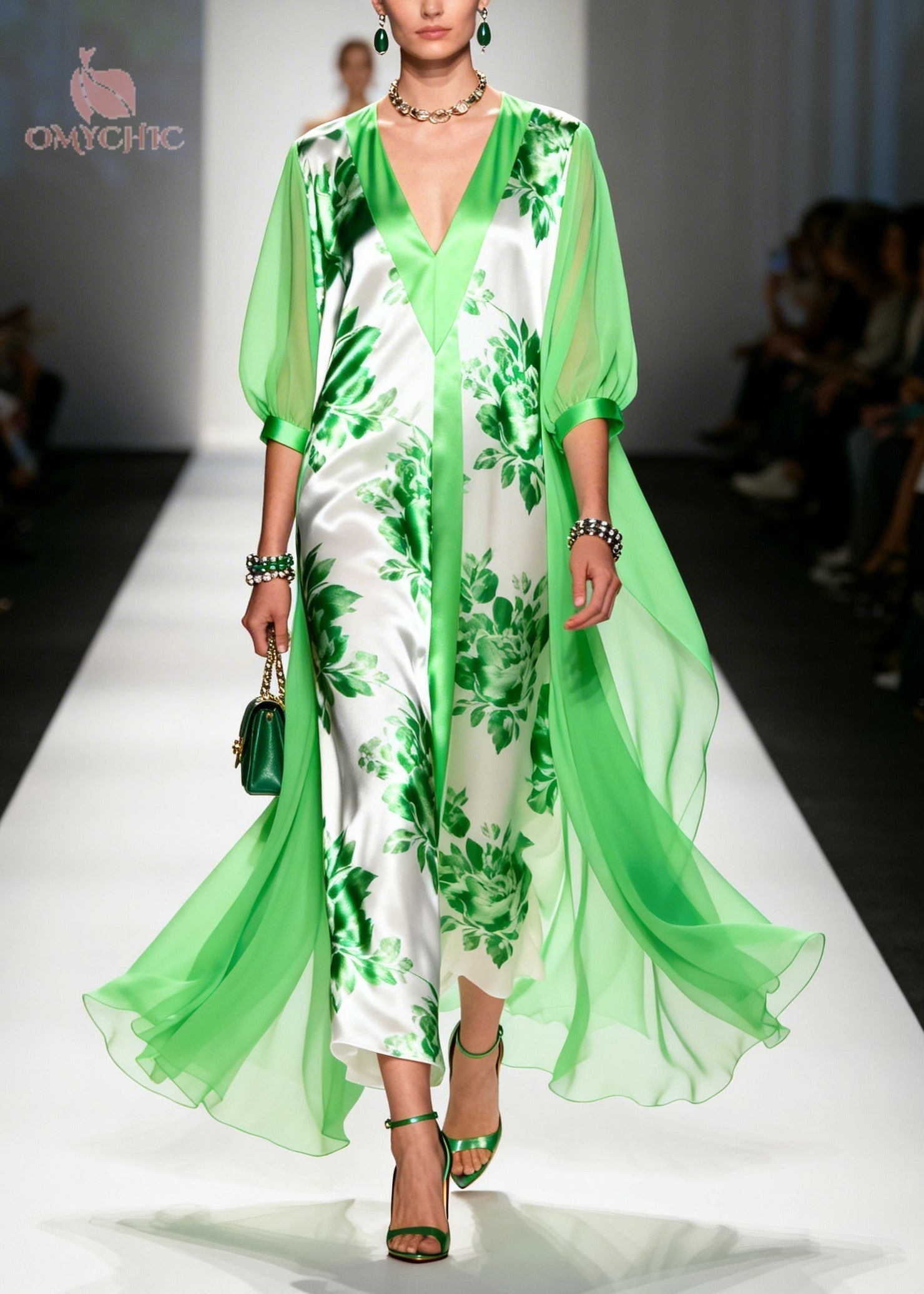 Floral Print Satin Deep V-Neck Sheer Cape Bishop Sleeve Overlay Maxi Gown