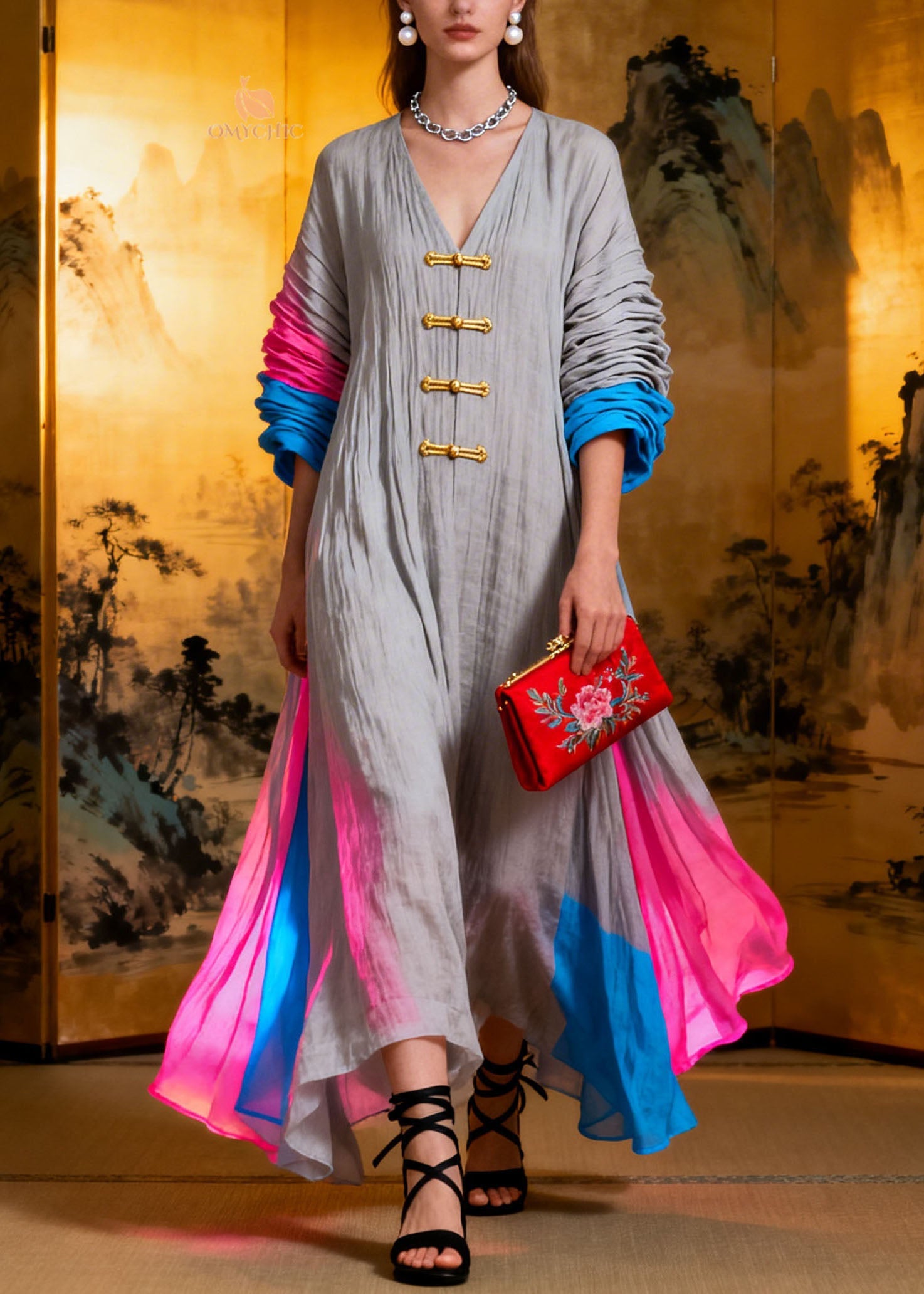 Plus Size New Colorblock V Neck Patchwork Cotton Dress Summer