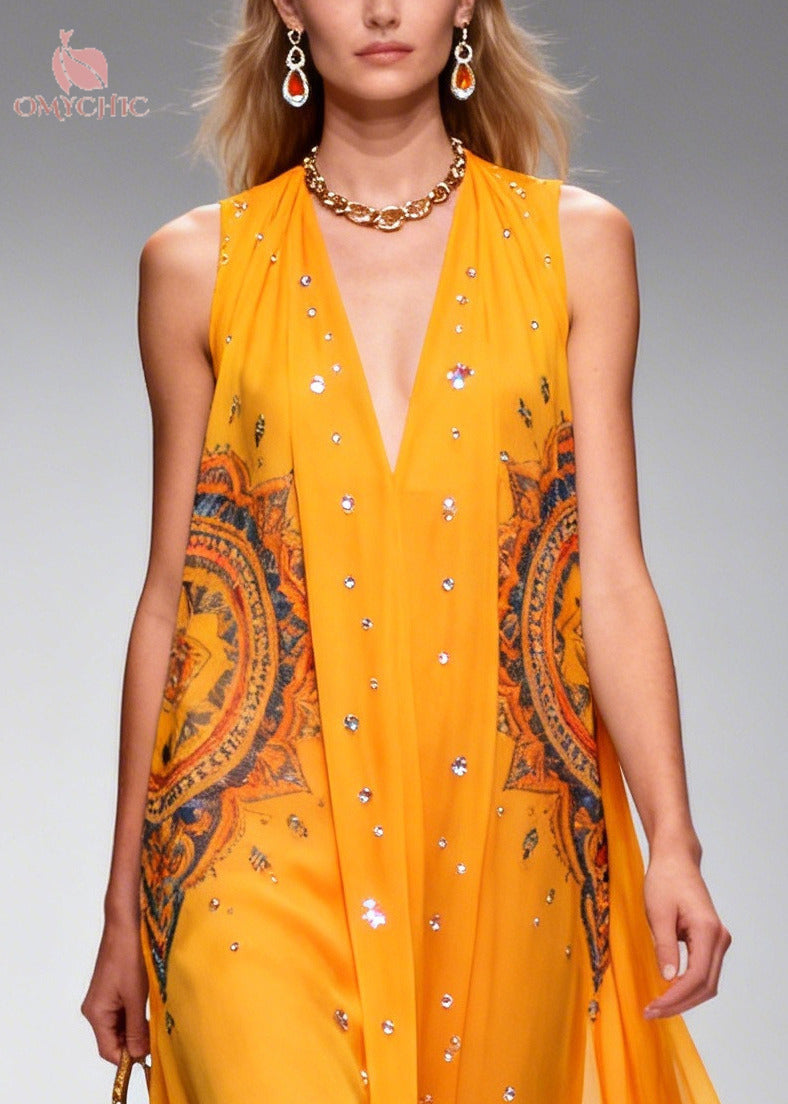 Deep V-Neck Sleeveless Rhinestone Chiffon Flowy Maxi Dress