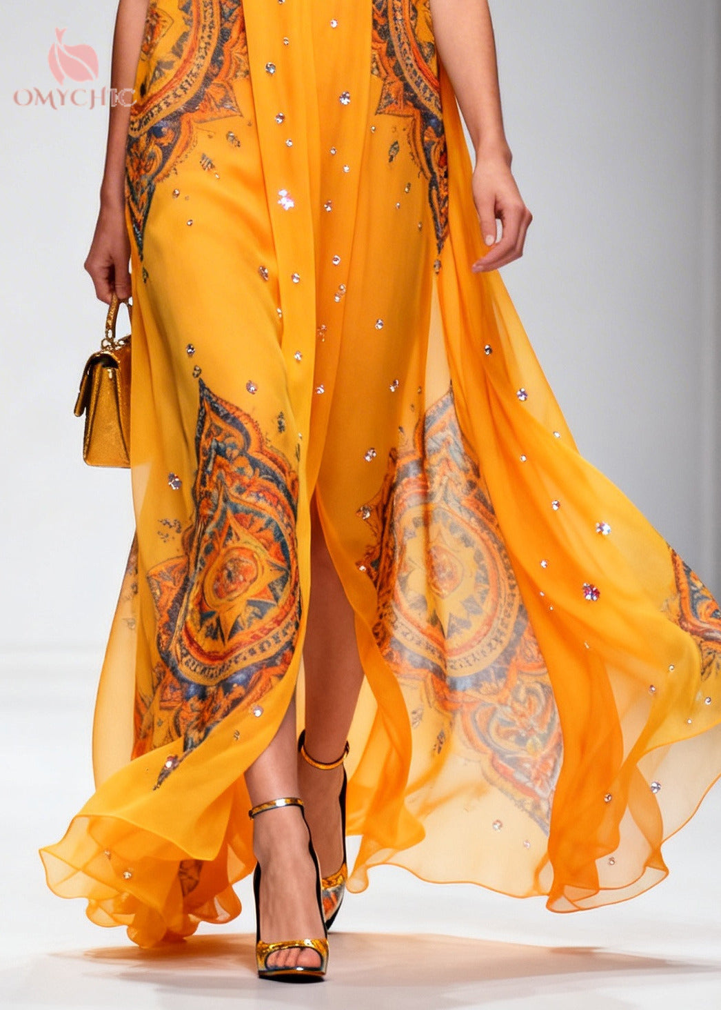 Deep V-Neck Sleeveless Rhinestone Chiffon Flowy Maxi Dress