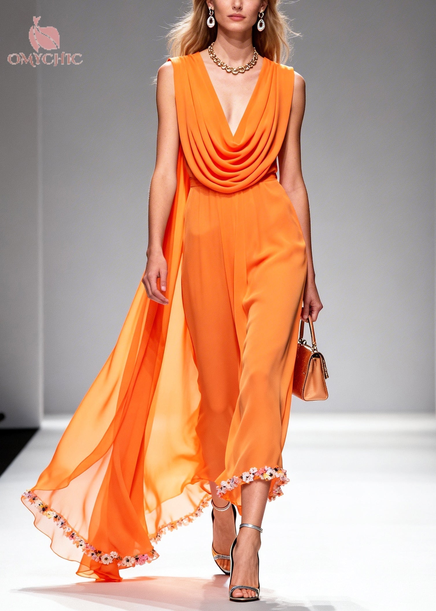 Cowl Neck Cape Back Floral Trim Wide Leg Jumpsuit