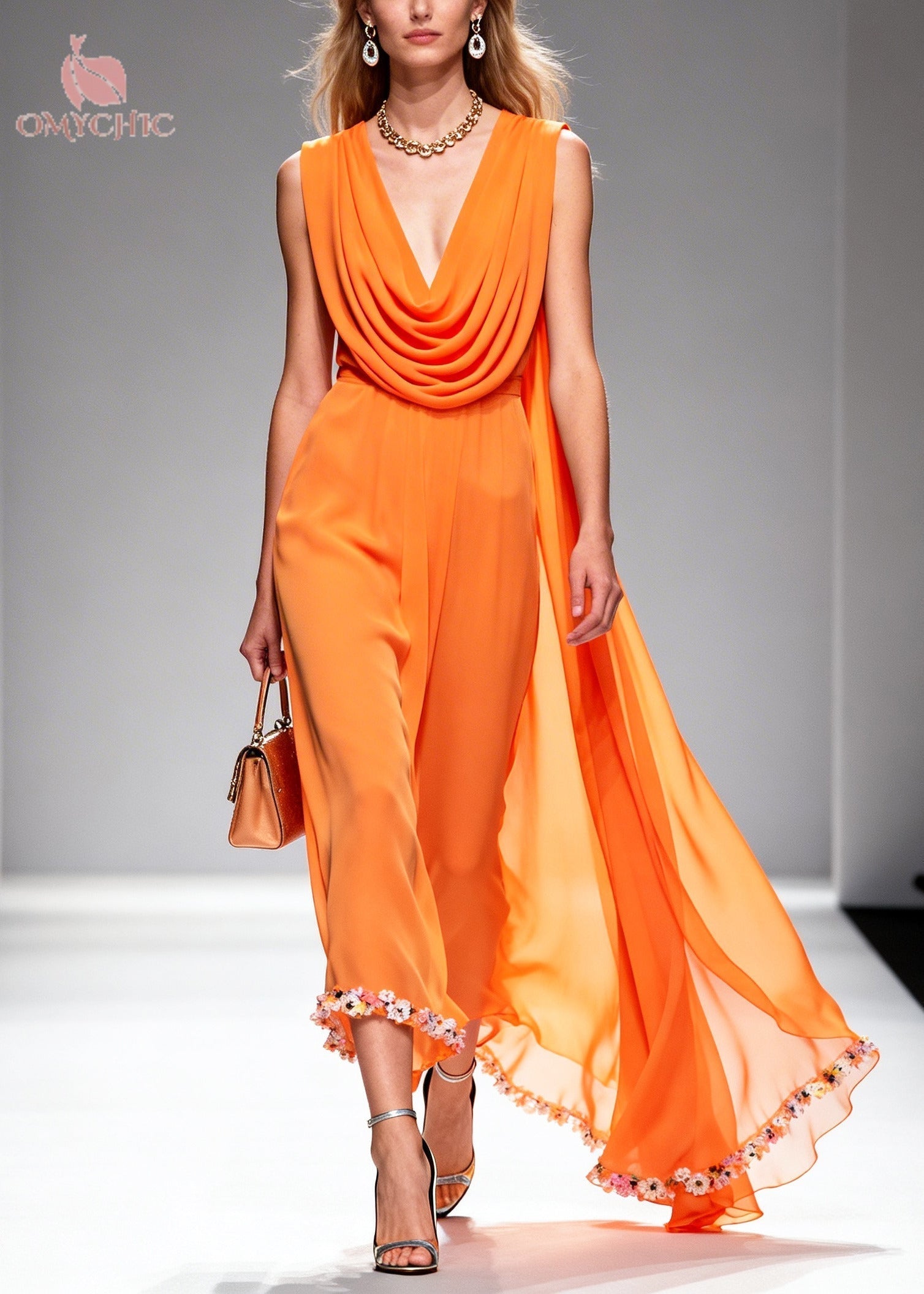 Cowl Neck Cape Back Floral Trim Wide Leg Jumpsuit