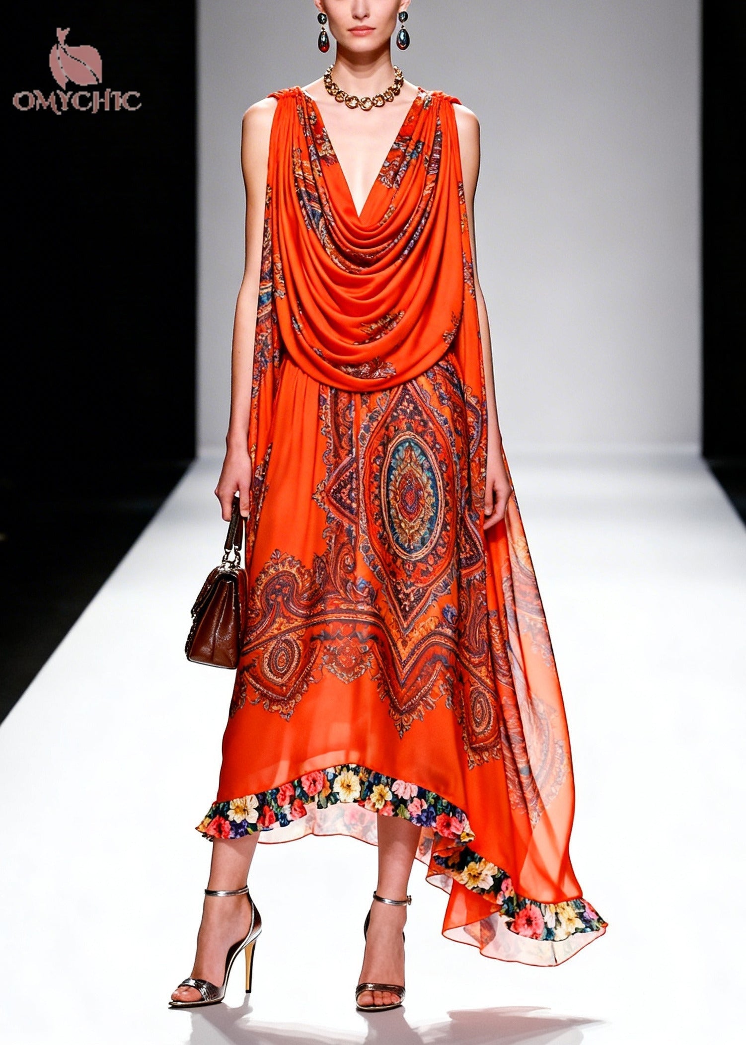 Plus Size Orange Turtle Neck Print Chiffon Robe Dresses Summer