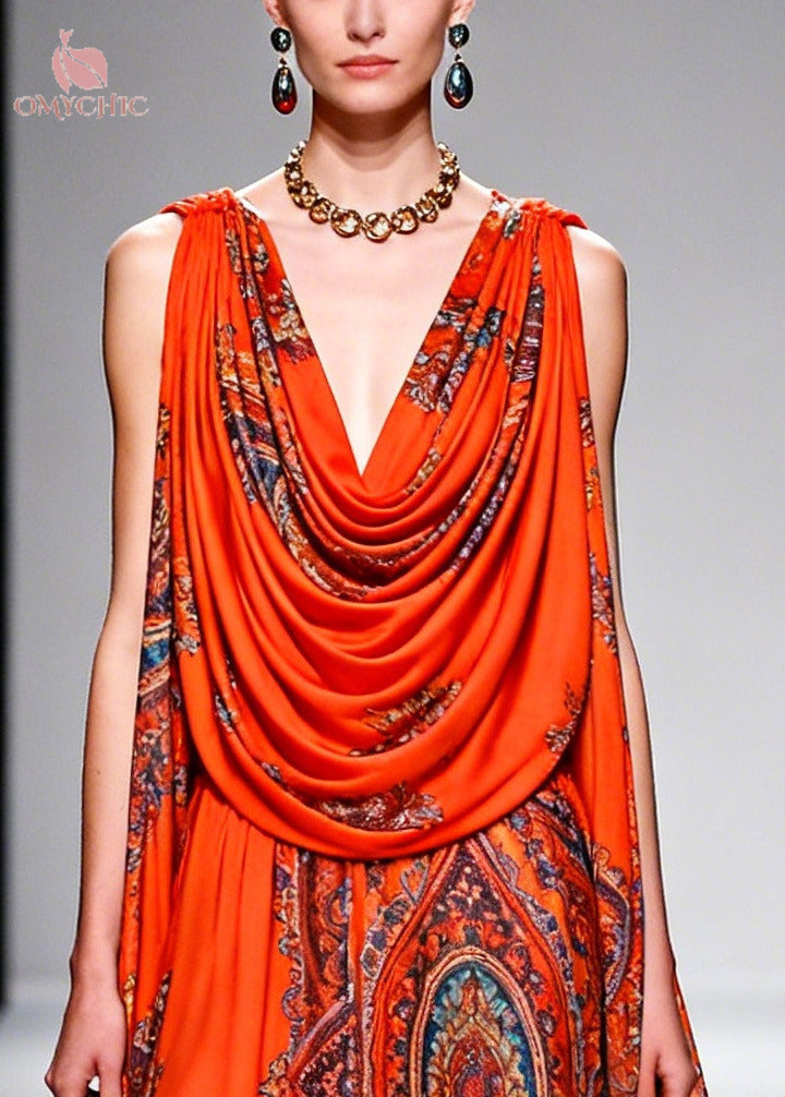 Paisley Print Cowl Neck Sleeveless Floral Ruffle Trim Chiffon Midi Dress