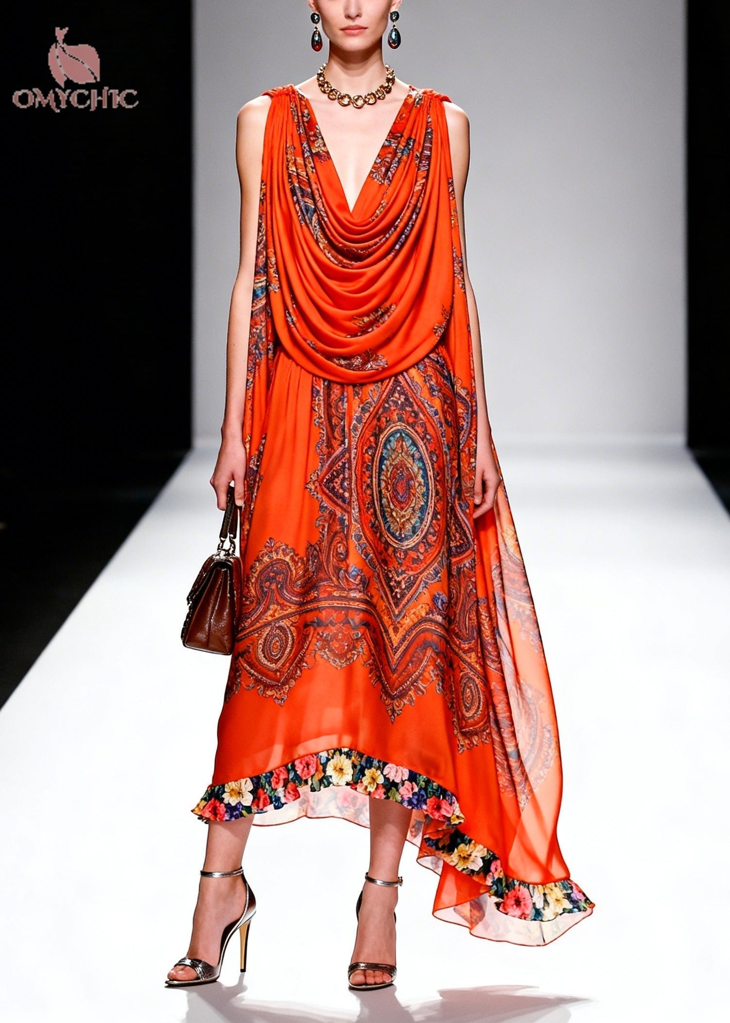 Paisley Print Cowl Neck Sleeveless Floral Ruffle Trim Chiffon Midi Dress