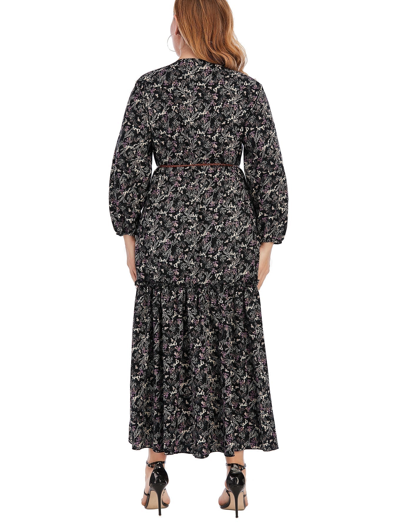 Plus Size Paisley Print Ruffled Hem Maxi Dress with Waist Belt