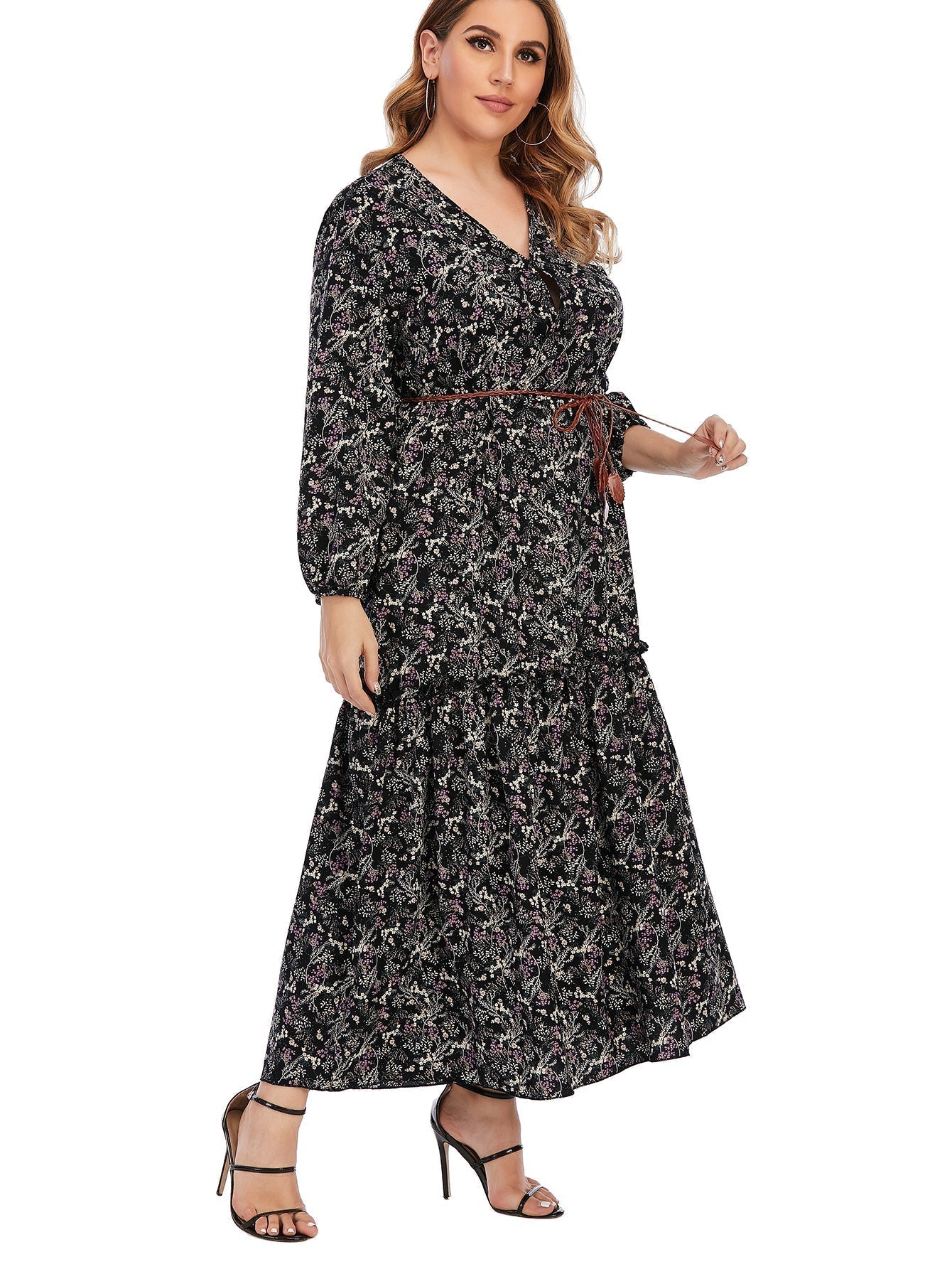 Plus Size Paisley Print Ruffled Hem Maxi Dress with Waist Belt