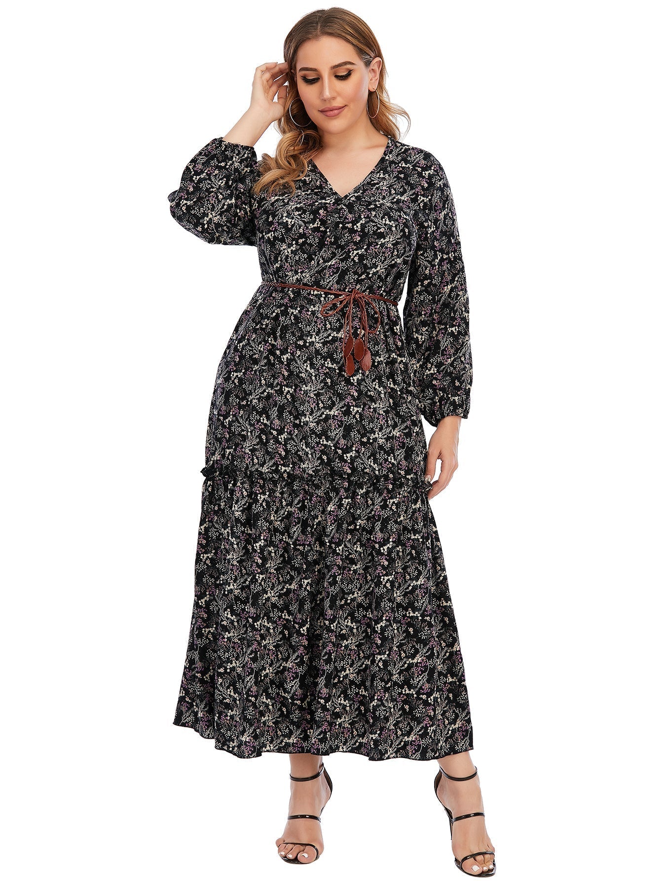 Plus Size Paisley Print Ruffled Hem Maxi Dress with Waist Belt