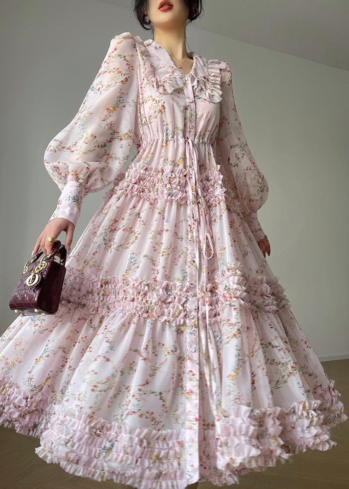 Plus Size Pink Peter Pan Collar Print Chiffon Dresses Long Sleeve - View 2